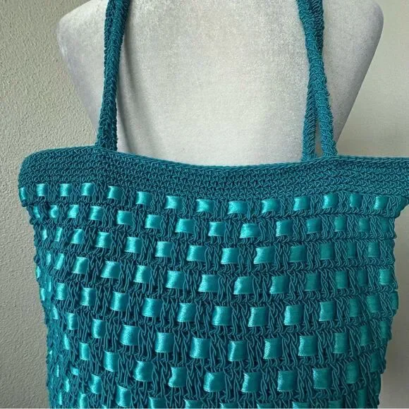 Handbag Shoulder Bag Turquoise Blue Braided Ribbon Weave - Picture 5 of 10